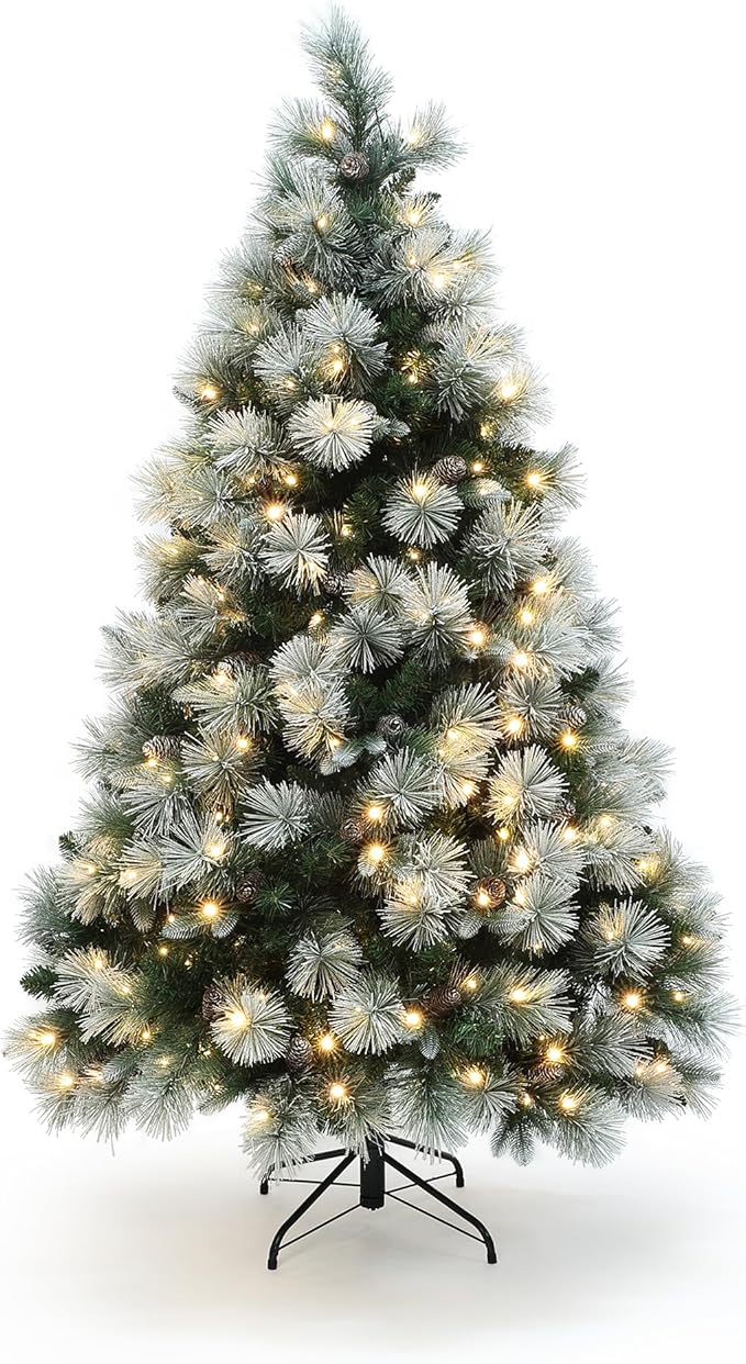 LuxenHome 6FT Christmas Tree with Lights, Full Flocked Artificial Christmas Tree with 350 LED Lights and Pinecone, and Snow Flocked Branches, Prelit Pine Tree for Indoor, Outdoor Holiday Décor