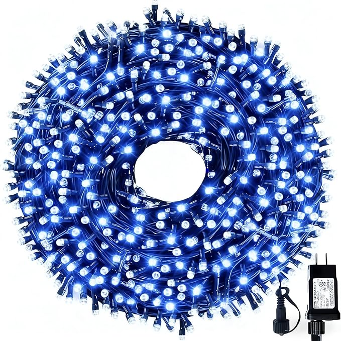 105FT 300 LEDs Blue White Christmas Lights Outdoor Indoor, Waterproof Christmas Tree Lights, 8 Lighting Modes with Memory and Timer