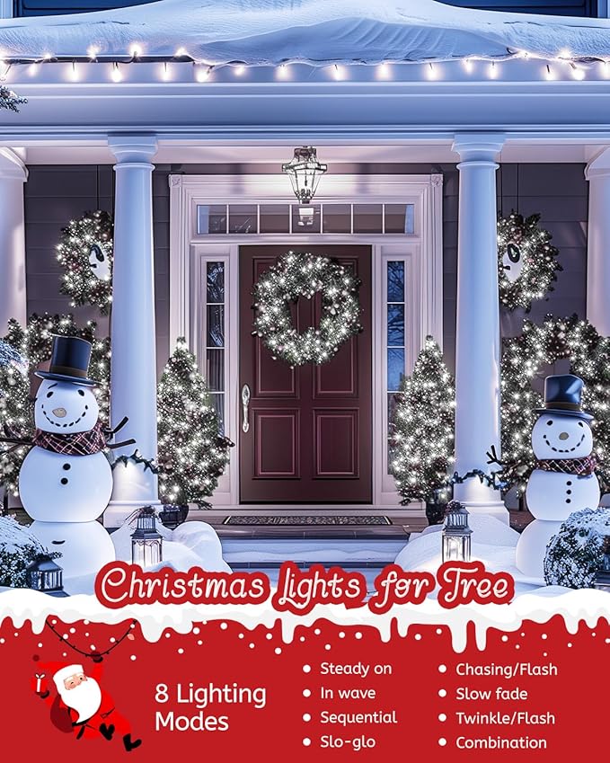 Minetom Christmas Lights, 128ft 400 LED Outdoor Christmas Tree Lights with Remote, 8 Modes String Lights Plug-in Mini Xmas Tree Lights with Timer for Outside Party Decor, Cool White