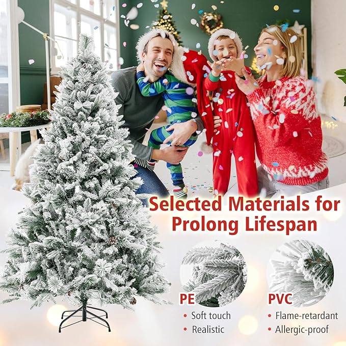 HAPPYGRILL 6 FT Pre-lit Artificial Christmas Tree, Snow-Flocked Xmas Tree with 240 Multi-Color LED Lights, 8 Lighting Modes, 850 Branch Tips, Pine Needles, Hinged Tree for Home Office Party