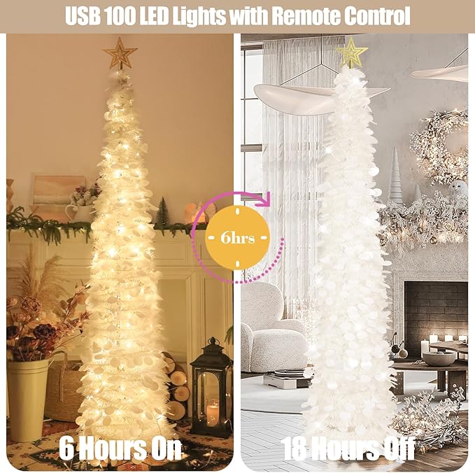 HMASYO 6 FT Pop Up Christmas Tree with 100 LED Lights & Remote, White Christmas Tinsel Tree, Collapsible Artificial Pencil Tree for Home Office Party Decor, USB Powered Timer Lights, Easy Assembly