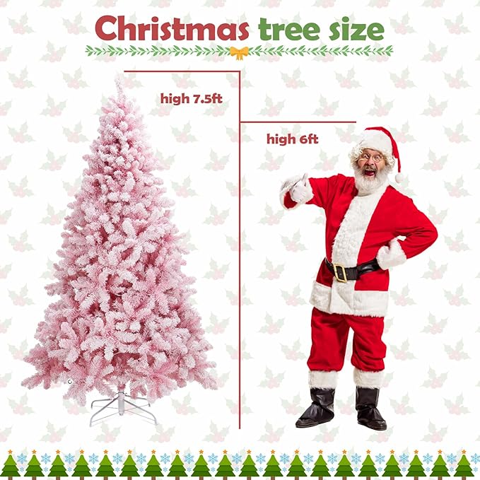 Christmas Tree, 7.5ft Flocked Pink Christmas Tree Prelit with Lights, 10 Functions, 400 Lights, Spruce Artificial Christmas Tree Prelit with Realistic Tips & Sturdy Metal Base Easy Assembly