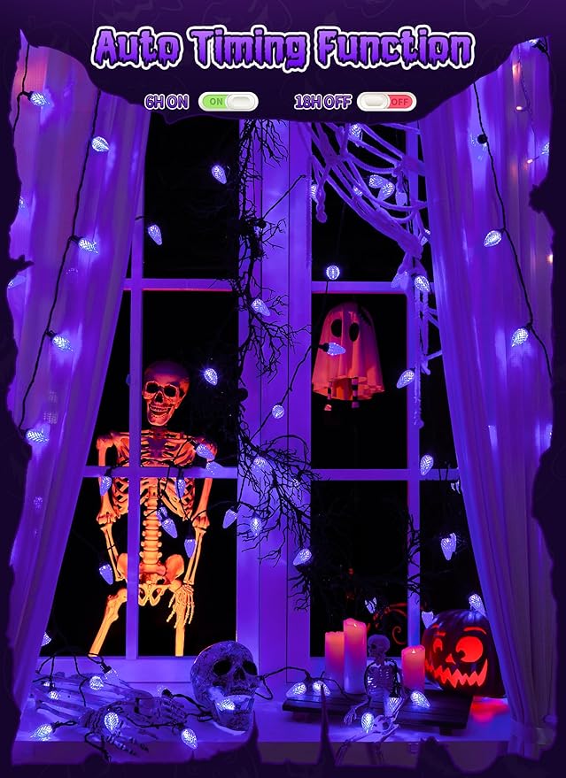 Brightown Halloween C9 LED Purple String Lights, 114FT 150 LED Halloween Lights with Timer & 8 Modes, Plug-in Waterproof Connectable Outdoor Lighting for House Patio Yard Porch Roof