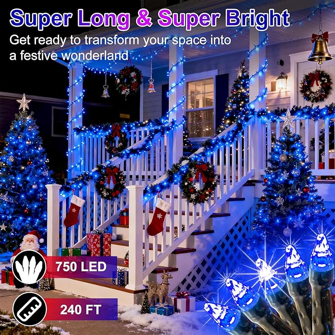 750 LED 240FT Christmas String Lights Outdoor, 12 Pro Modes and Timer Memory & Brightness, Plug in Waterproof Dark Green Wire Twinkle Light for for Xmas Yard Tree Wedding Party Decor (Blue)