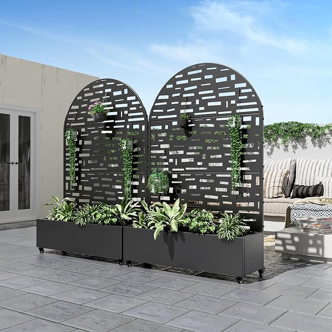 Casaphoria Metal Raised Garden Bed with Trellis and Wheels, 72"x47"x16" Arched Planter Box for Climbing Plants, Vegetables & Vines, Features Drainage Holes and Privacy Screen (Black-Gerald)