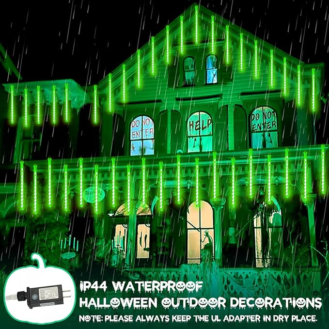 2-Pack Christmas Lights Outdoor, Extendable Meteor Shower Lights 16 Tubes 384 LEDs Indoor Outdoor, Waterproof Falling Rain String Lights with Timer for Christmas Decor Tree Roof Garden Patio(Green)