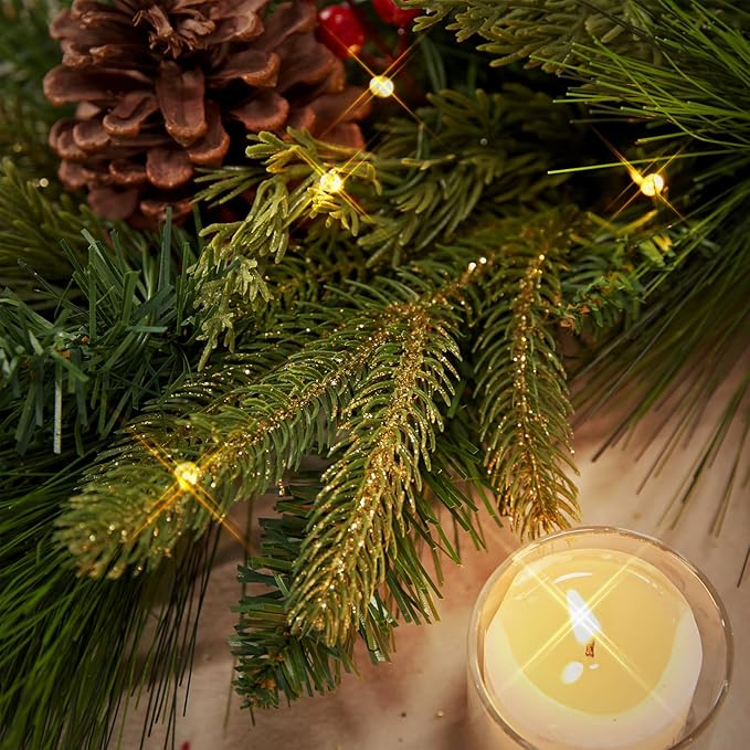 WBHome Real Touch Mixed Evergreen with Pinecones Foliage Prelit Garland, Winter Greenery Garland for Christmas Holiday Seasonal Outdoor/Indoor Home Decor Mantle, 6FT Long
