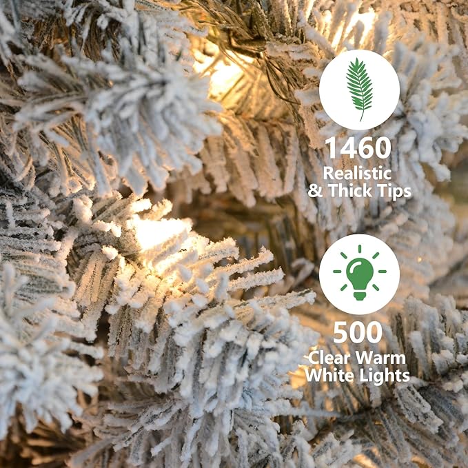 6ft Per-Lit Snow Flocked Christmas Tree, Artificial Christmas Tree with 300 Warm White Lights,779 Branch Tips, Premium Green Full Xmas Tree for Easy Holiday Setup, Foldable Metal Base