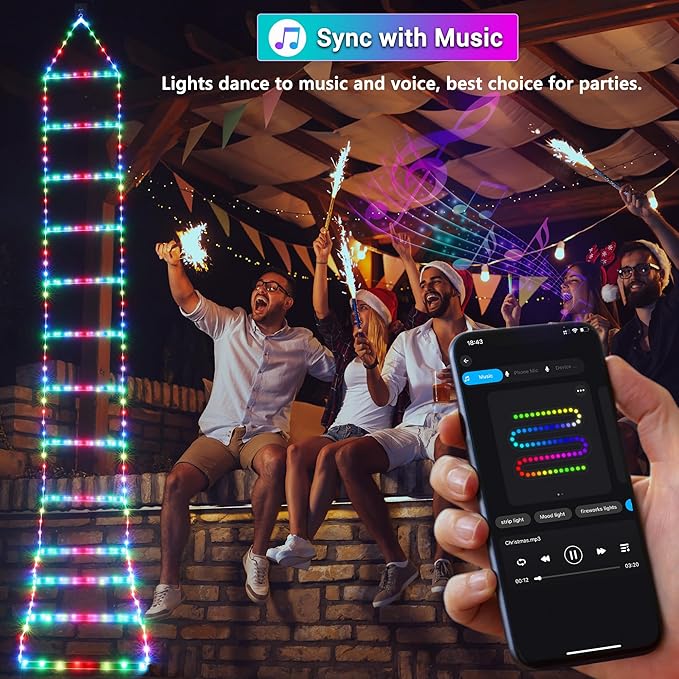 Toodour Outdoor Christmas Decorations Lights, Smart RGB Christmas Lights with Bluetooth & App Controlled, 10ft LED Ladder Light, Music Sync Color Changing Xmas Light for Home, Wall, Indoor Decor
