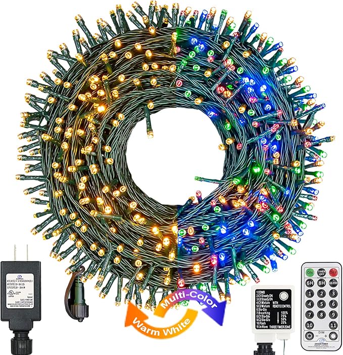 Decute 300LED Christmas Tree Lights Outdoor Indoor String Lights 108FT Extendable, 11 Modes 4 Colors Changing Waterproof Twinkle Fairy Lights Party Decor with Timer Remote(Warm White & 3 Multicolors)