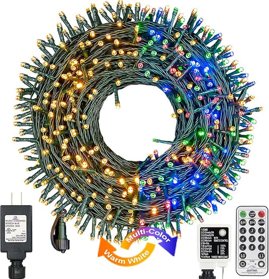 Decute 300LED Christmas Tree Lights Outdoor Indoor String Lights 108FT Extendable, 11 Modes 4 Colors Changing Waterproof Twinkle Fairy Lights Party Decor with Timer Remote(Warm White & 3 Multicolors)