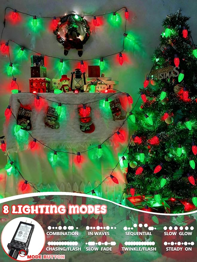 2-Pack Connectable C9 Christmas Lights Outdoor Indoor, 66 FT 100 LED Christmas String Lights Plug in with 8 Modes & Timer, Waterproof Fairy Twinkle Light for Xmas Tree Yard Decorations (Red and Green)