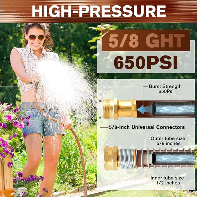 Heavy Duty Garden Hose 5/8" x 50ft, Flexible Lightweight Water Hose, Hybrid Rubber, NO Kink, 650 Burst PSI, Male to Female Fittings