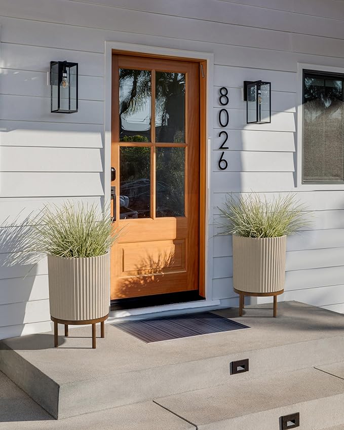 Veradek Demi Series Round Planter w/ Stand for Porch/Patio | Durable Plastic-Concrete & Wooden Stand | Modern Décor for Tall Plants, Flowers