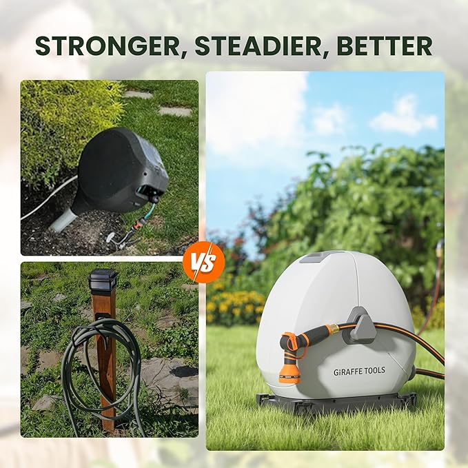 Giraffe Tools Ground Mounted Retractable Hose Reel 1/2 Inch x 82FT, Heavy Duty Automatic Rewind Garden Hose Reel, with Flexible Swivel Base for Lawn, Concrete Floor