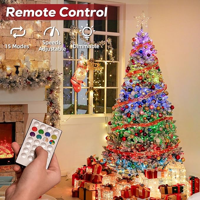 Hykolity 7.5 ft Prelit Snow Flocked Christmas Tree with Remote Control, 1446 PVC Branch Tips, Artificial Hinged Christmas Tree with 450 Multi-Color RGB Lights for Home, 15 Modes