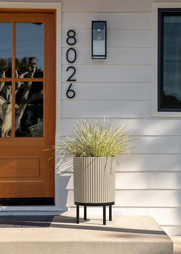 Veradek Demi Series Round Planter w/Stand for Porch/Patio | Durable Plastic-Stone Composite & Wooden Stand | Modern Décor for Tall Plants, Flowers