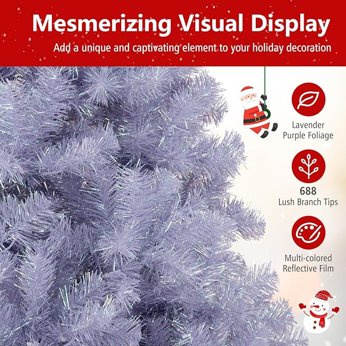 Goplus 6 FT Pre-Lit Tinsel Christmas Tree, Artificial Hinged Xmas Tree with 250 Warm White LED Lights, 8 Modes, 688 Lush Branch Tips, Metal Stand, Home Office Seasonal Holiday Decoration, Lavender