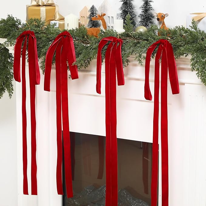 Janinka 6 Pcs Red Large Velvet Christmas Swag Bow 31.5 x 23.6 inch Vintage Christmas Ornament Rustic Velvet Staircase Wreath Bows Xmas Tree Topper Bows Large Bow for Outdoor