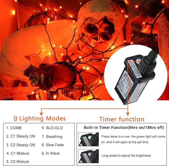 Toodour Orange Candlelight Halloween Lights, 131ft 350 LED String Lights with 9 Modes, Timer, Connectable, Dimmable Orange Halloween Outdoor Lights for Home, Party, Garden, Yard, Holiday Decorations