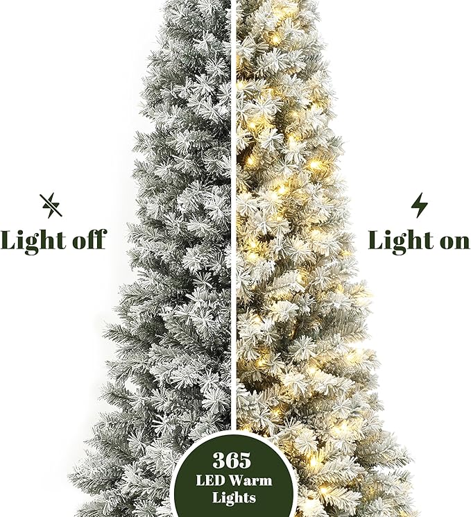 LuxenHome 7FT Flocked Christmas Tree, Slim Spruce Artificial Prelit Christmas Trees with Lights, Snow Flocked Xmas Tree with 365 LED Lights, Artificial Lighted Christmas Tree with Metal Stand
