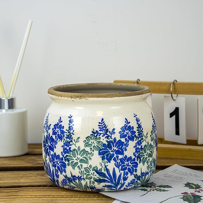 Vintage Ceramic Ice Crack Flower Pot with Drainage Holes, Country Rustic Planters for Indoor and Outdoor,Tuscan Decor,Home,Living Room, Garden Decor, Gardening Gift (Art Deco)