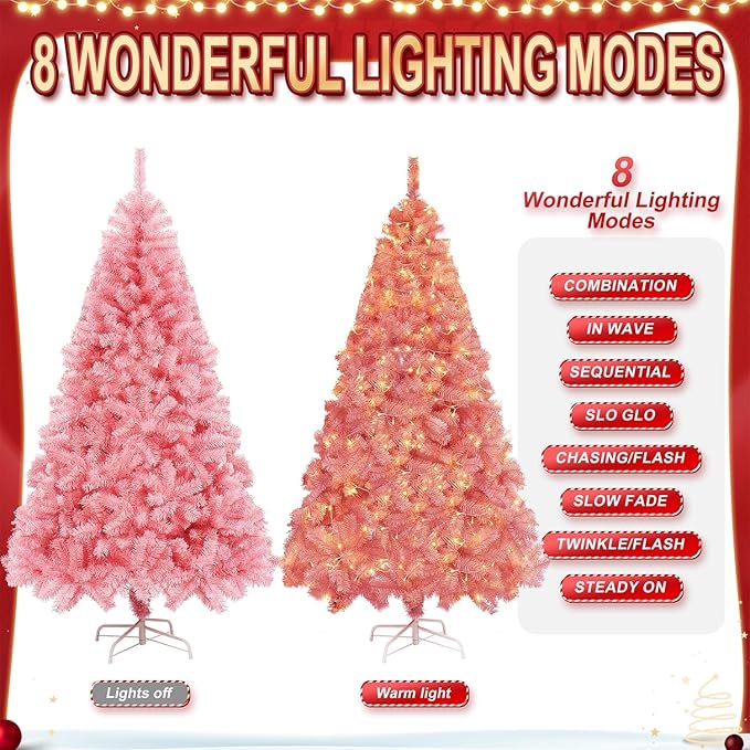 Juegoal 6 FT Artificial Christmas Tree (NOT Pre-Strung) with 300 LED Warm White String Lights, Spruce Hinged Tree, 8 Lighting Modes, Fake Xmas Pine Tree with Metal Legs, 850 Branch Tips, Pink