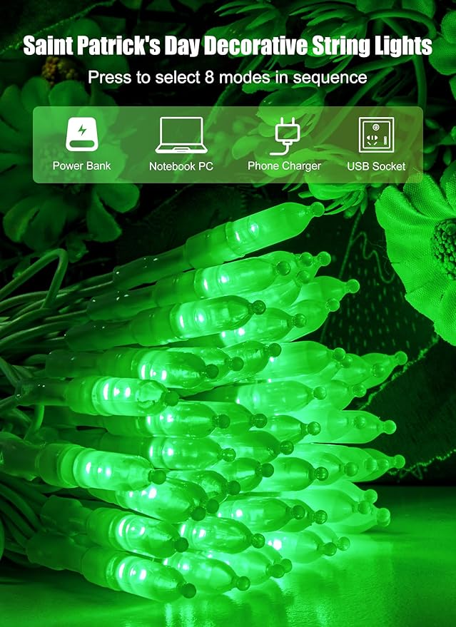 Minetom St. Patrick's Day Green String Lights - 39 Feet 100 LED Mini Green Lights with Remote, USB Operated Waterproof Tree Lights for Indoor Outdoor Garland Wreath Home Garden Holiday Party Decor