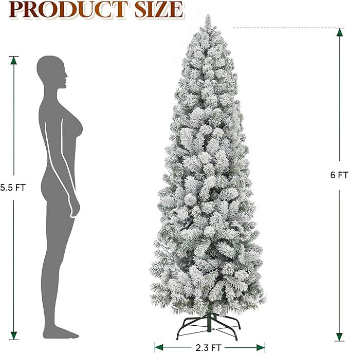 HOLLO STAR 6 ft Flocked Prelit Christmas Tree with 250 LED Lights, App Control, Skinny Artificial Pencil Christmas Tree, Multi-Color RGBW Lights, 770 Branch Tips, for Small Space, Home, Party