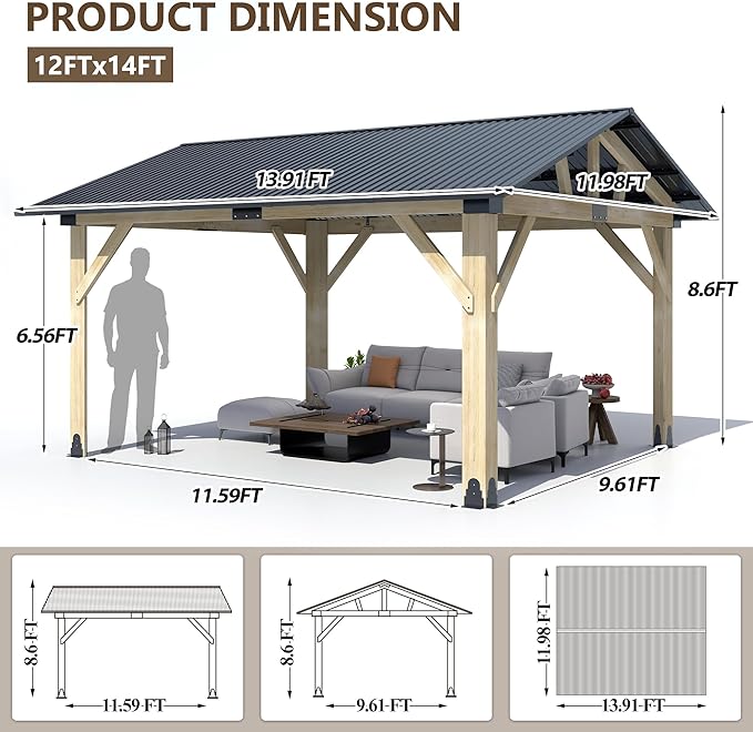 Wood Gazebo 12'x14', Cedar Wooden Gazebos, Outdoor Hardtop Gazebo with Waterproof Steel Roof, Fit Patio, Backyard, Garden, Lawns, Porch