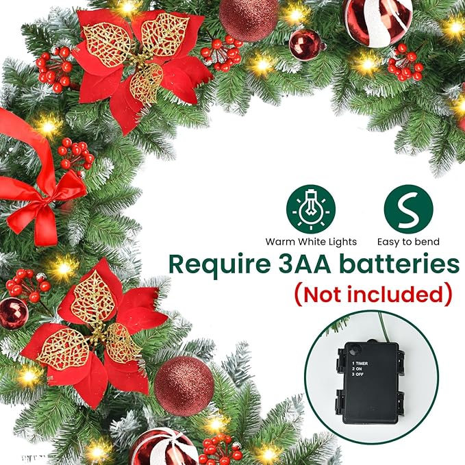 Christmas Garland, 30 LED Christmas Garlands with Lights, 9ft Artificial Battery Operated Garland with Flowers, Decorations, for Entrance Door/Fireplace/Stairs/Christmas Tree/Home Outdoor Decorations