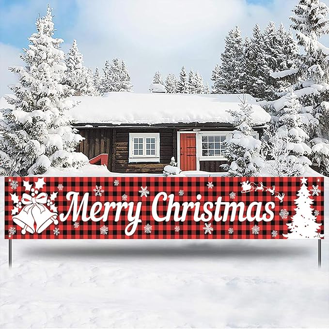 Happy Christmas Large Banner,Vintage Christmas Tree Snowman Banner for Outside,Merry Christmas Red Plaid Decorations for Yard Garden 120x20 Inches