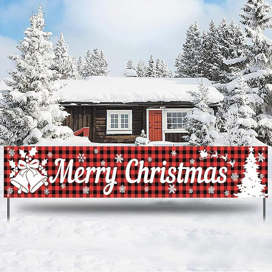 Happy Christmas Large Banner,Vintage Christmas Tree Snowman Banner for Outside,Merry Christmas Red Plaid Decorations for Yard Garden 120x20 Inches