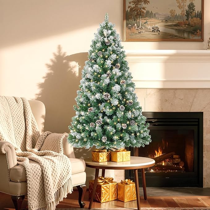 HOLLO STAR 4.5 ft Prelit Christmas Tree with 150 LED Lights, App Control, Artificial Christmas Tree, Multi-Color RGBW Lights, 330 Flocked Frosted Tips, 28 Pine Cones, Metal Base, for Home, Party