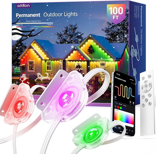 addlon 100FT Permanent Outdoor Lights, Smart RGB+IC LED Lights for House & Outdoor Decor, App & Remote Control, DIY Scene Modes, IP67 Waterproof for Christmas, Holiday, Party, Halloween Decorations