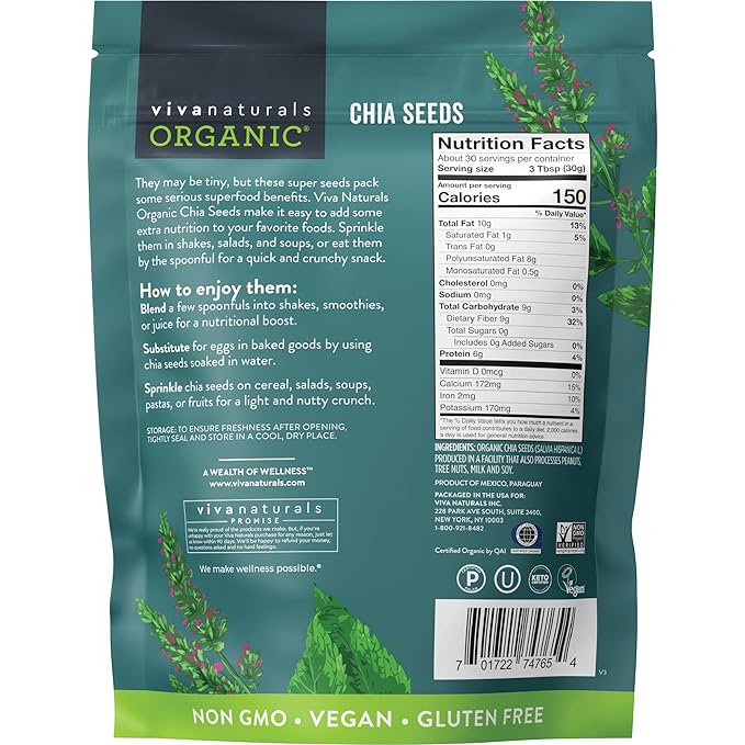 Viva Naturals Organic Chia Seeds, 2 lb (907 g) – Plant-Based Omega-3 and Vegan Protein, Gluten Free & Non-GMO, Perfect for Smoothies, Salads & Chia Pudding