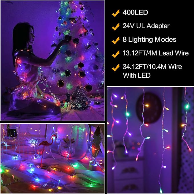 Techip Halloween Christmas Lights Outdoor, 33ft 400 LED Icicle Lights for Outside, Plug in Curtain String Lights Twinkle Tree Lights 8 Modes Waterproof for Patio Party Holiday Decorations Colorful