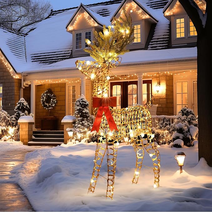 LightsUp Christmas Reindeer Outdoor, 51" H Lighted Reindeer Outdoor Christmas Decor 70 Warm White LED, 3D Rattan Deer Standing Twinkle Deer for Home Yard Patio Garden Outside Decorations