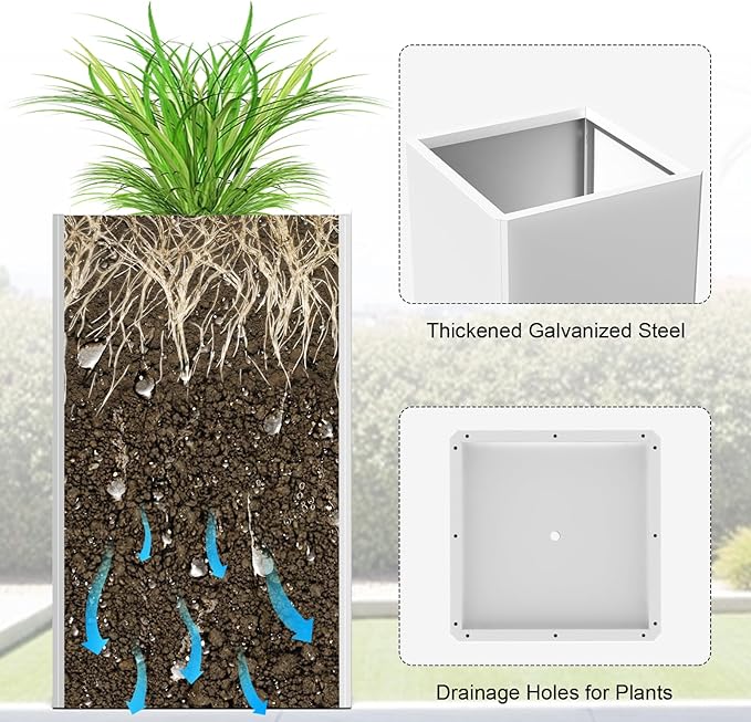 24 Inch Galvanized Steel Planter for Outdoor Plants, White Rectangle Outdoor Planters, Heavy Duty Flower Pot Modern Commercial Residential for Trees Patio Deck Yard Garden