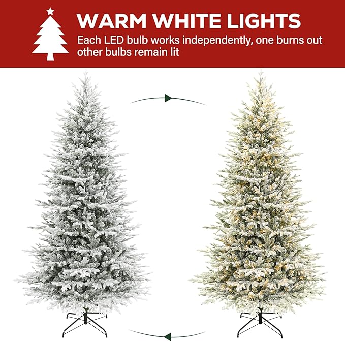Hykolity 7.5 ft Prelit Snow Flocked Christmas Tree, 2933 PE&PVC Realistic Branch Tips, Artificial Twinkling Christmas Tree with 450 Warm White LED Lights, Metal Stand and Hinged Branches