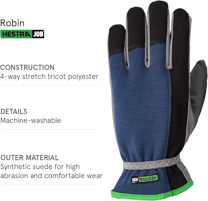 Hestra Job Garden Robin Durable Adult Work and Gardening Gloves, Washable Gloves for Everyday Gardening, Yard Work & Tool Use