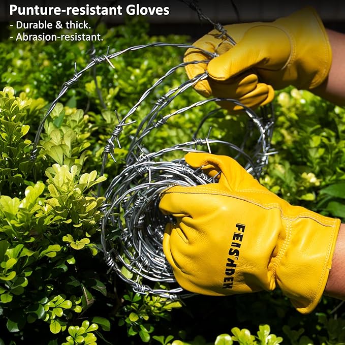 Leather Work Gloves, Puncture Proof Garden Gloves for Women, Heavy Duty Safety Working Gloves for Men