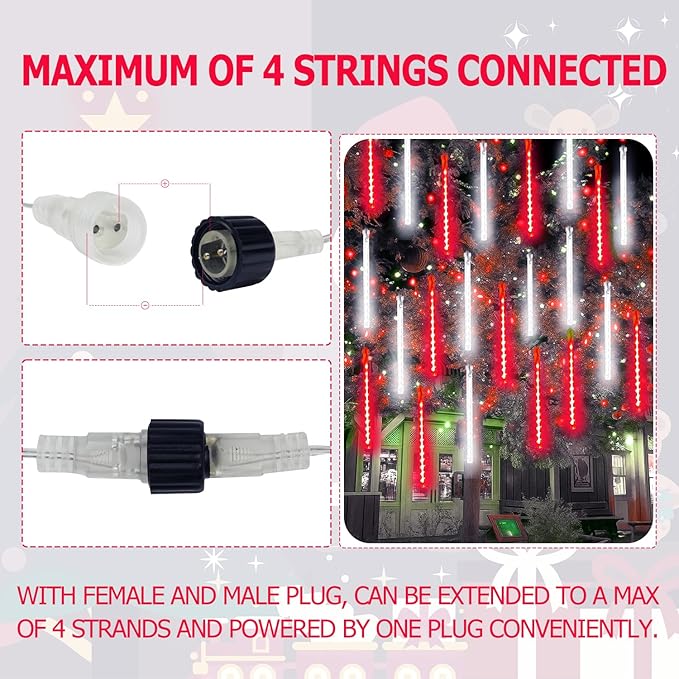 2-Pack Extendable Meteor Shower Christmas Lights Outdoor, 16 Tubes 384 LEDs Waterproof Falling Rain String Lights, Christmas String Lights Outdoor for Tree Garden Holiday Decorations (Red and White)