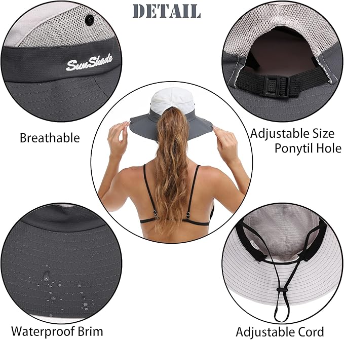 Womens Summer Sun Hat Beach Hat Wide Brim Outdoor UV Protection Hat Foldable Cool Mesh Ponytail Bucket Hat