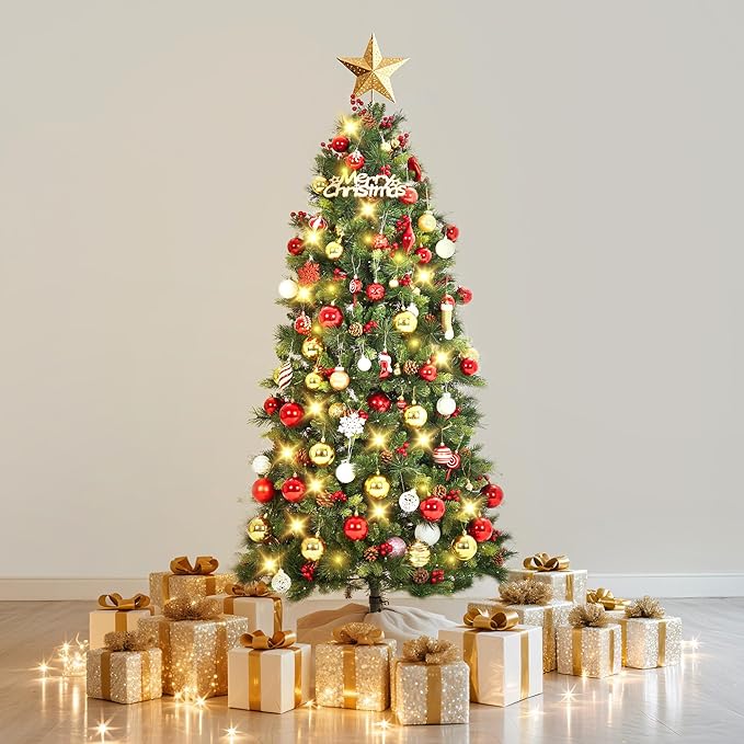 6 FT Pre-Lit Artificial Christmas Tree, Norway Spruce, 250 Warm White Light, Automatic Hinge Expansion, Artificial Christmas Pencil Tree with Pine Cones, Holly Berries & Stand, Green