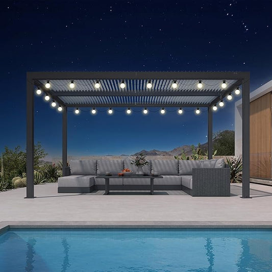 PURPLE LEAF Louvered Pergola 10' x 14' Outdoor Aluminum Pergola with Hidden Drainage System and Adjustable Sun Shade Roof Patio Hardtop Small Pergolas with String Lights for Patio Dining Side Yard