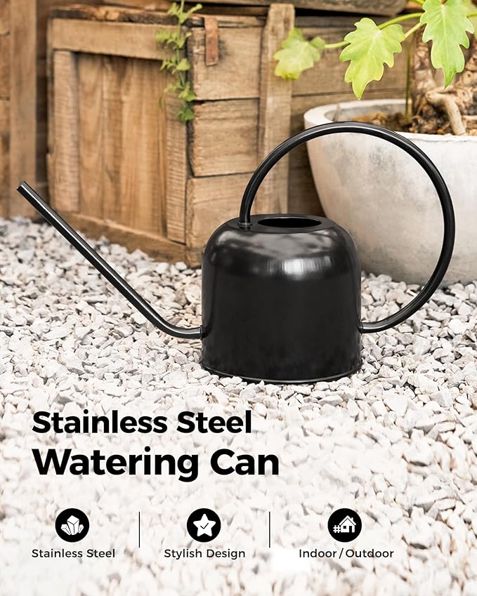 Bamworld Watering Can for Indoor Outdoor Plants 54oz/1.6L Metal Stainless Steel Pot with Long Spout Sprinkler for House Plants Bonsai Garden Flower Decorative Water Pitcher Garden Tools Black