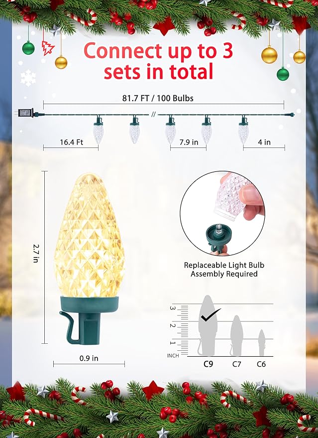 C9 LED Christmas Lights Outdoor, 81 Feet 100 LED String Lights With Timer & 8 Lighting Mode, Waterproof Commercial Grade Extendable for Indoor Outside Roofline Patio Home Xmas Decoration, Warm White