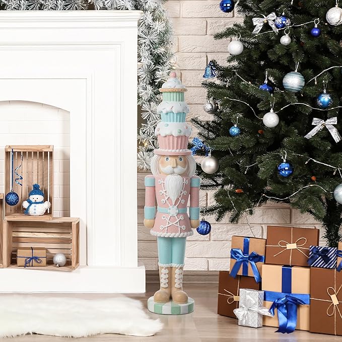 Glitzhome Christmas Front Porch Decor, Lighted Macaron Pink and Blue Resin Xmas Cupcake Nutcracker Porch Decor w/Timer for Indoor Outdoor Patio Standing Decor, 28" H