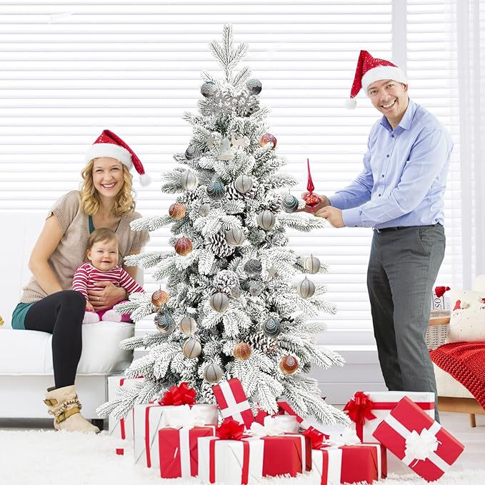 5 FT Snow Flocked Slim Fir Christmas Tree with 671 PE & PVC Mixed Branch Tips,Unlit Artificial Skinny Pencil Xmas Tree with 25 Pine Cones,Hinged Premium Xmas Trees for Home,Office,Party Decoration